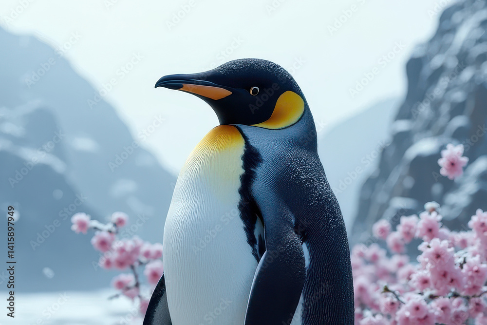 Fototapeta premium Penguin Samurai: Cinematic Snowfall & Cherry Blossoms Scene - Japanese Armor Detail