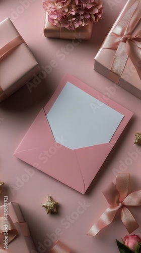 Elegant Pink Gifts Arranged Around a Blank Greeting Card on a Soft Surface