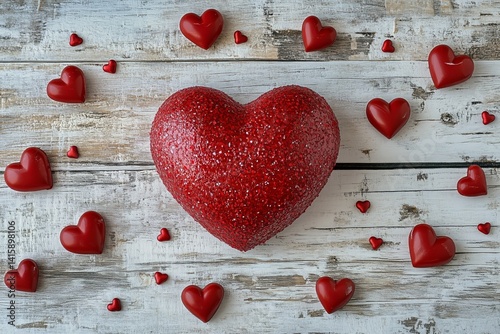 Red Heart-Shaped Decoration Surrounded by Smaller Hearts on a Wooden Surface