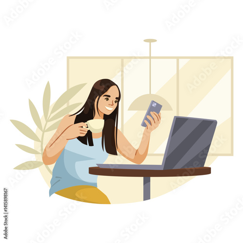 Smiling young woman freelancer working on laptop at cafe, holding coffee and smartphone, flat cartoon style, relaxed indoor workspace. Vector illustration