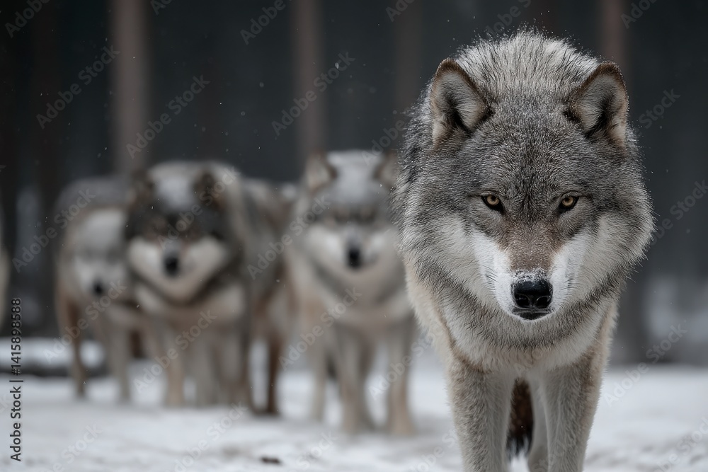 Obraz premium A pack of wolves in a snowy forest, with one wolf standing prominently in the foreground.