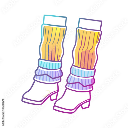 Stylized illustration of eightiesthemed leg warmers and boots with vibrant colors