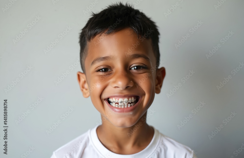 Smiling boy with braces on plain light background. Happy child with perfect smile. Orthodontics care, dentistry services. Healthy teeth. Dental clinic, treatment. Positive emotions, joy. Smiling boy with braces on plain light background. Happy child with perfect smile. Orthodontics care, dentistry services. Healthy teeth. Dental clinic, treatment. Positive emotions, joy.