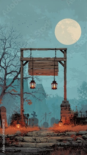 Lanterns Glow Softly in a Graveyard Under a Full Moon at Night