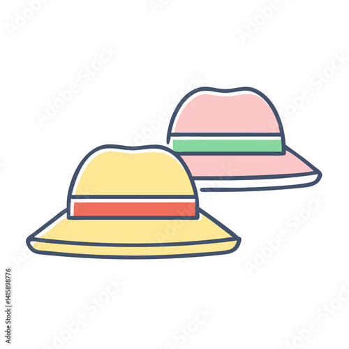 Two colorful sun hats one yellow with red band the other pink