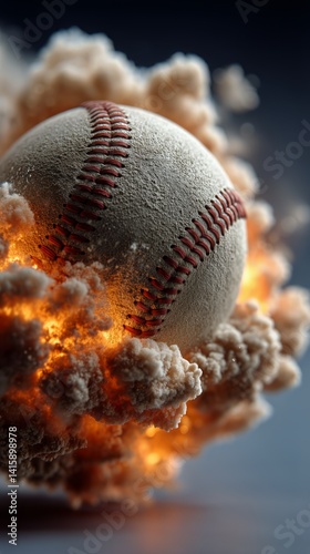 Baseball Bursting Through Clouds of Smoke and Fire in Dynamic Explosion