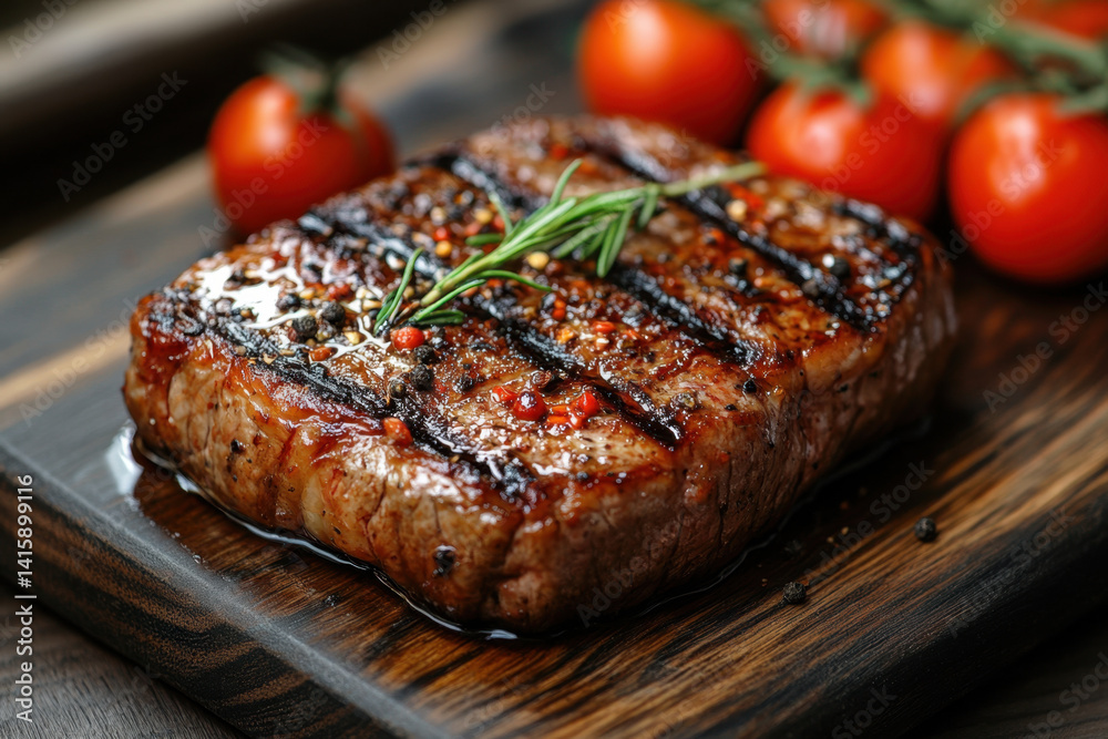 Juicy steak with tomatoes and herbs on wooden board. Juicy steak with tomatoes and herbs on wooden board.