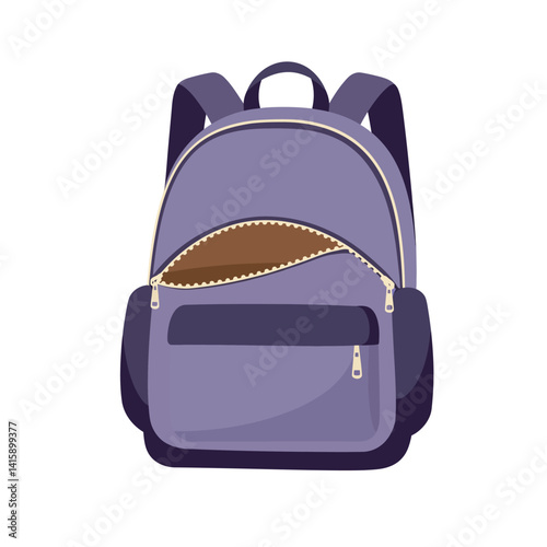 Purple backpack with open main compartment and front pocket in flat minimalist style vector illustration