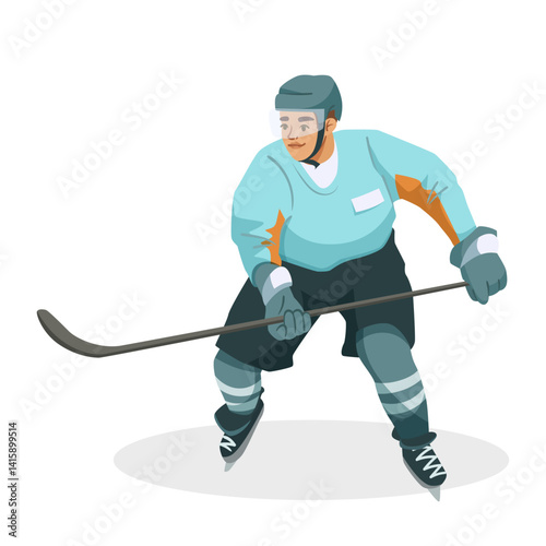 Male hockey player in uniform holding a stick, cartoon style on white background. Concept of competitive winter sport. Vector illustration