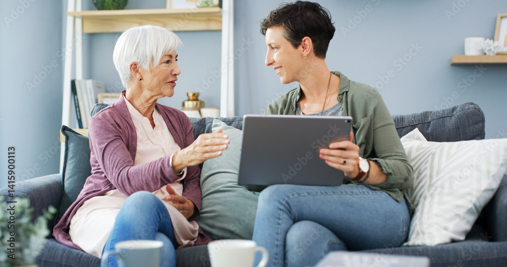 Tablet, learning and woman with senior mother on sofa for chatting, scrolling or networking. Digital technology, teaching and female person helping elderly mom with online communication in home.