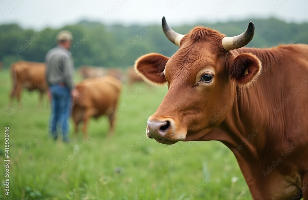 Farmer monitors livestock, cow in foreground. Technology optimizes animal health, supports smart farming. Sustainable agriculture management, precision and data for efficiency and welfare. Farmer monitors livestock, cow in foreground. Technology optimizes animal health, supports smart farming. Sustainable agriculture management, precision and data for efficiency and welfare.