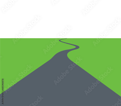 Curved grey road stretching into distance with green fields beside in flat minimal vector illustration