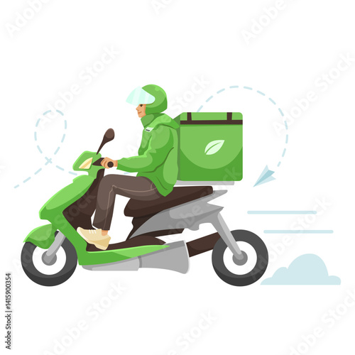 Delivery courier riding green motor scooter with a food box, flat cartoon style on white background. Concept of eco-friendly fast delivery. Vector illustration