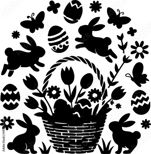 Easter Basket with Eggs, Bunnies, Flowers Silhouette Vector 
