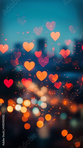 Beautiful Hearts Glow on a Rainy Window During Sunset in a City