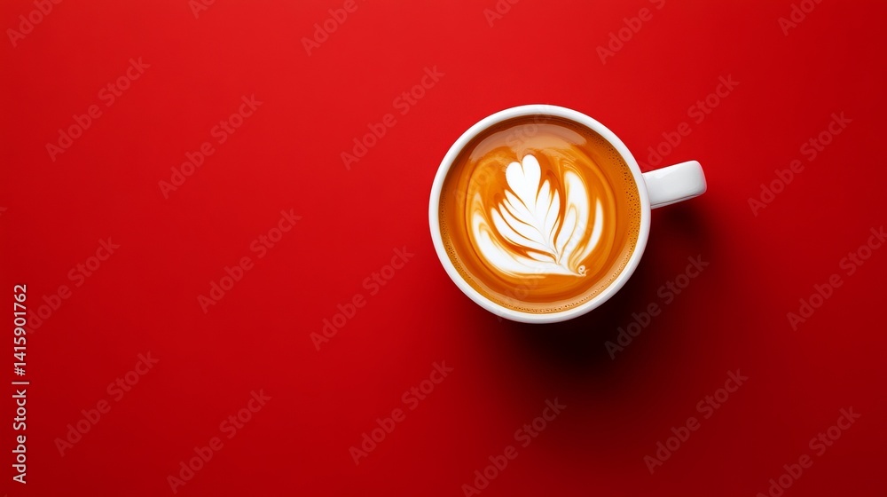 Coffee sits in a white mug with latte art against a solid red background. - high quality Coffee sits in a white mug with latte art against a solid red Coffee sits in a white mug with latte art against a solid red background. - high quality Coffee sits in a white mug with latte art against a solid red