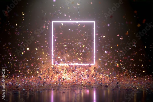 Colorful Confetti Falls Around Glowing Square Frame During Festive Celebratio...