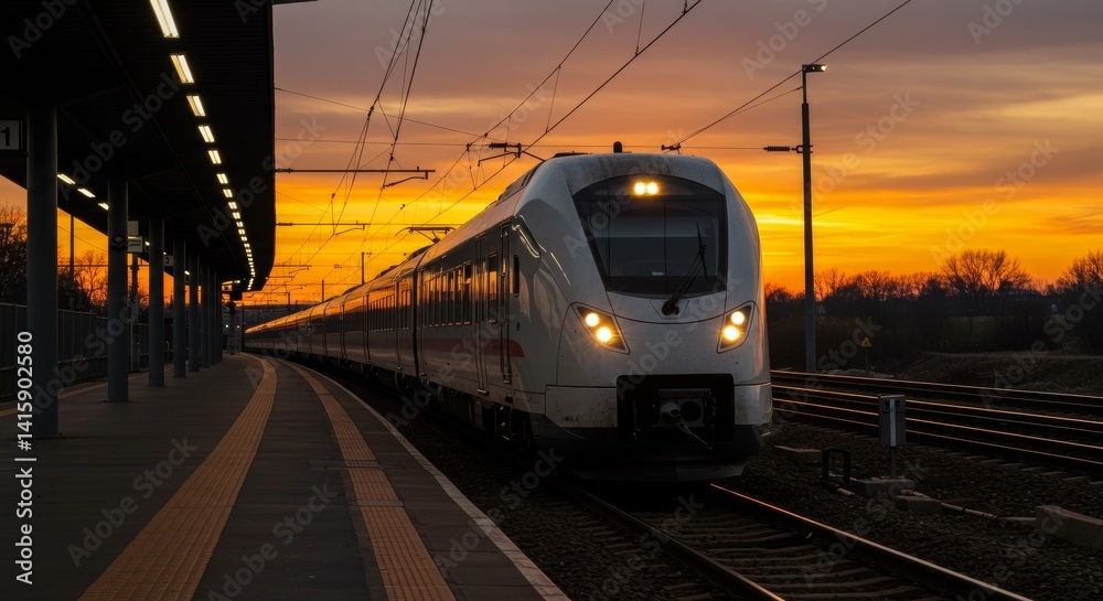 Fototapeta premium Train at Sunset Station - A modern train arrives at a station during a vibrant sunset. The warm colors of the sky illuminate the scene