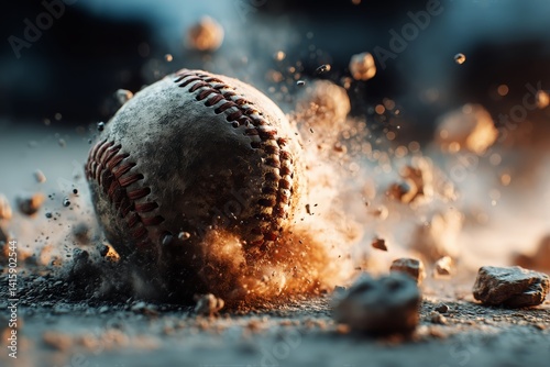 Baseball Exploding From Impact With Debris in Outdoor Field During Evening Light