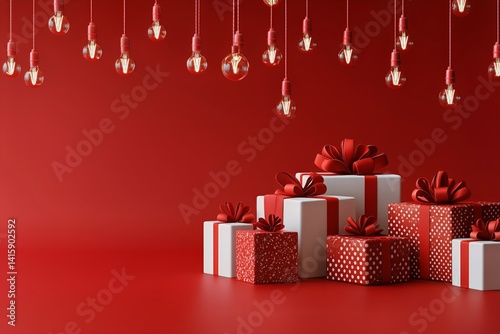 Decorative Display of Red and White Gifts With Illuminated Bulbs for Festive ...