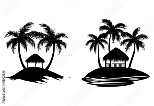black silhouette of a tropical island with three palm trees and a thatched hut.