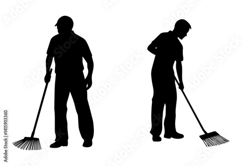 black silhouette of a man sweeping the floor with a broom