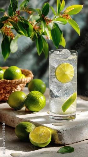 Refreshing Lime Beverage With Ice and Fresh Limes on a Rustic Table