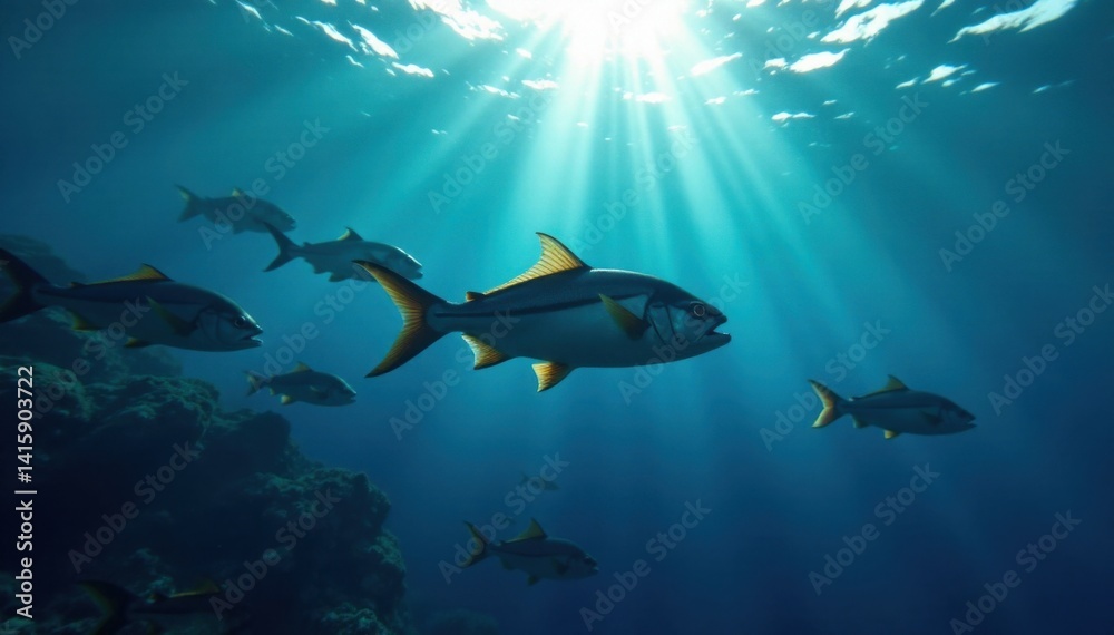 Fototapeta premium School of fish swimming in a dark blue ocean surface with sunlight peeking from above, movement, sea, ocean