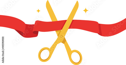 Golden scissors cutting a red ribbon flat design celebration event ceremony vector art