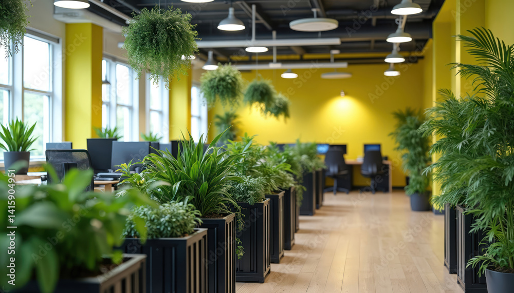 Fototapeta premium Modern office interior filled with rich green plants creating eco-friendly workspace. Sunny interior with computers. Comfortable work area in light, bright building. Concept good for tech startups,