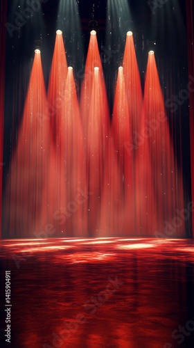 Spotlight Shines on an Empty Stage Surrounded by Vibrant Red Curtains in an I...