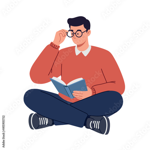 Young man reading book while sitting cross-legged wearing glasses and casual clothing flat design vector illustration