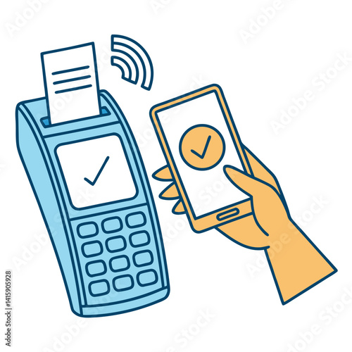 Contactless Payment Illustration: Mobile Phone Paying at POS Terminal Wirelessly.