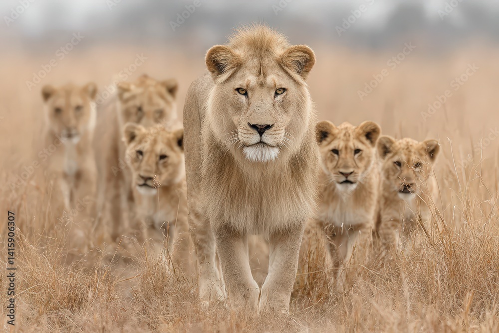 A majestic lion leads a pride of lions through the savanna grasslands. A majestic lion leads a pride of lions through the savanna grasslands.
