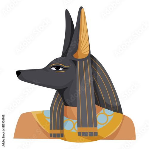 Stylized depiction of Anubis with jackal head and Egyptian garment, flat graphic style on white background. Concept of ancient Egypt. Vector illustration