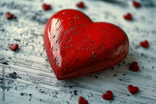 Red Wooden Heart Surrounded by Small Hearts on Weathered Blue Wooden Surface