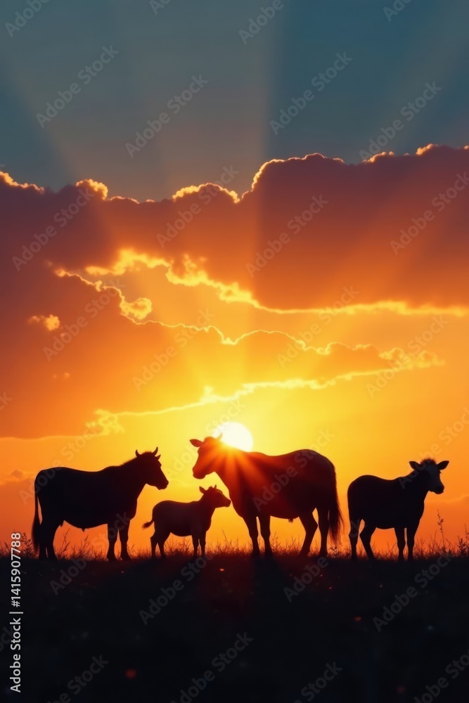 Farm animals standing together in a row, silhouetted against the sunset, fields, landscape Farm animals standing together in a row, silhouetted against the sunset, fields, landscape
