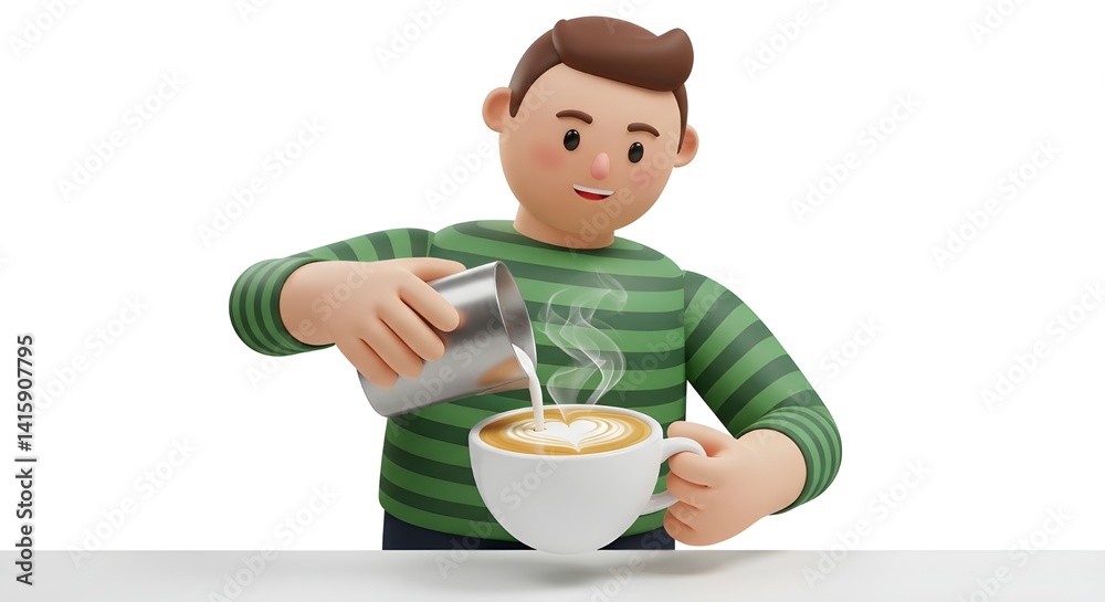 Cartoon Barista Making Latte Art with Steamed Milk Cartoon Barista Making Latte Art with Steamed Milk