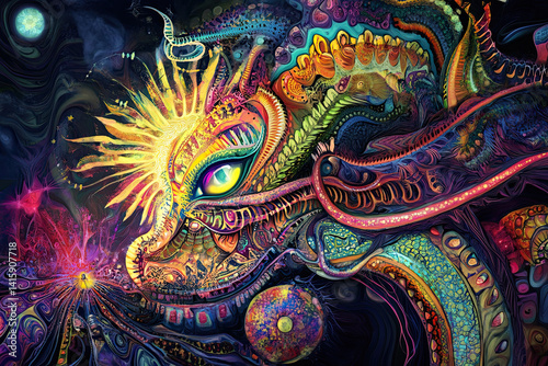 Wallpaper Mural A vivid, psychedelic scene filled with cosmic energy, a radiant sun, and an intricate serpent-like creature, blending surreal patterns, vibrant colors, and otherworldly details to create a captivating Torontodigital.ca