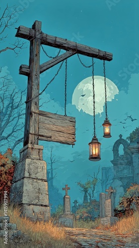 Lanterns Illuminate a Weathered Sign in a Desolate Graveyard Under a Full Moon
