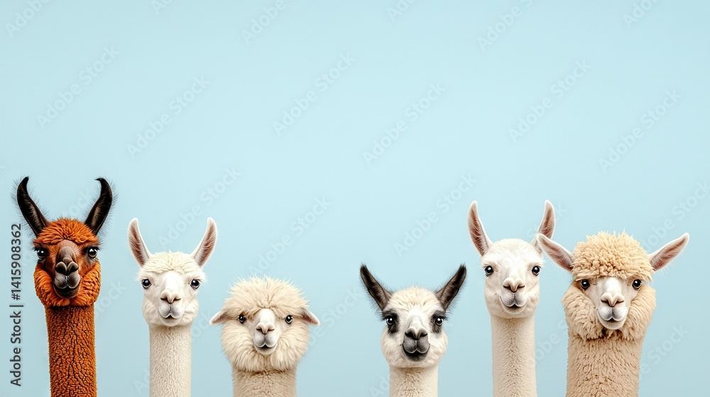 Fototapeta premium A group of llamas stands together in front of a blue background, with one alpaca sticking out its head