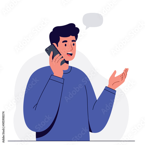 Young man talking on smartphone in casual blue sweater with expressive gesture flat modern vector illustration