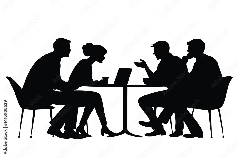 Fototapeta premium Black silhouette a man and a woman at a table negotiating 