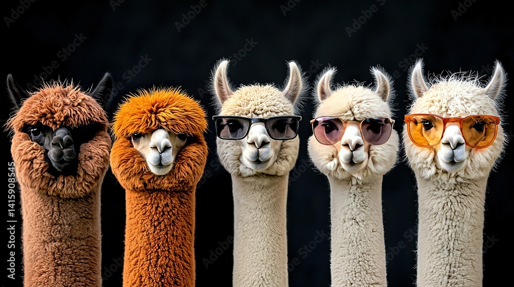 Fototapeta premium A group of llamas in sunglasses, adorned with fake llama headdresses