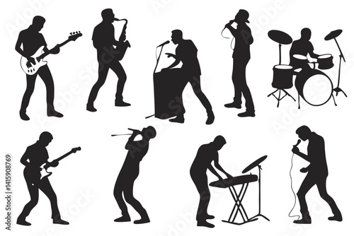 Black silhouette musicians set with white background