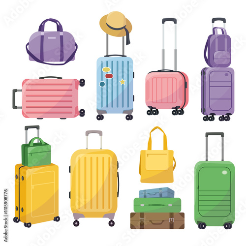 A vibrant set of various suitcases, backpacks, and travel bags in cartoon style on a white background. Concept of travel and vacation. Vector illustration