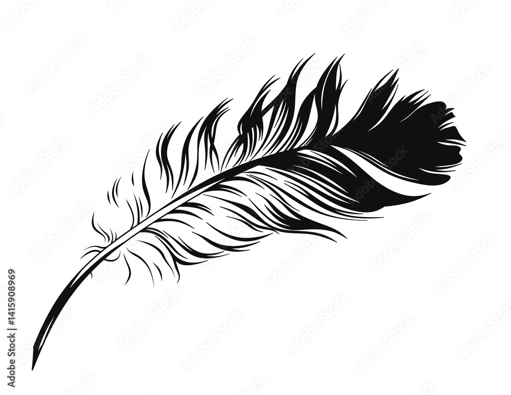 Obraz premium Black and white bird feather for writing on transparent background in PNG format. Illustration of an elegant feather used for calligraphy in ancient times.