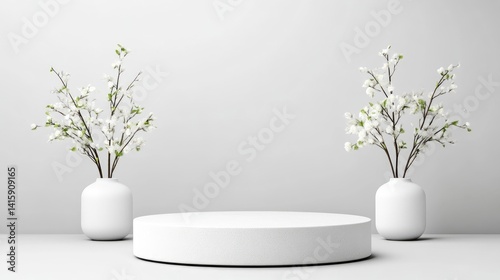Minimalist white podium with spring blossoms.  Simple, clean, and elegant display for product presentation.  Vases and branches of white blossoms add a touch of delicate beauty