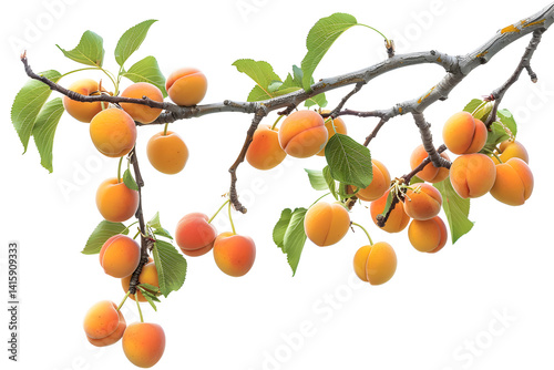 Apricot branch with fruits and leaves isolated on transparent background. PNG, cutout. Ripe, sweet seasonal apricots fruitage clipart.