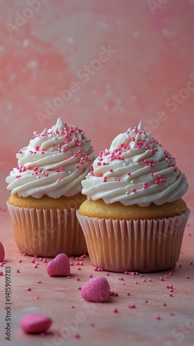 Delicious Cupcakes With Creamy Frosting and Pink Sprinkles on Pastel Background